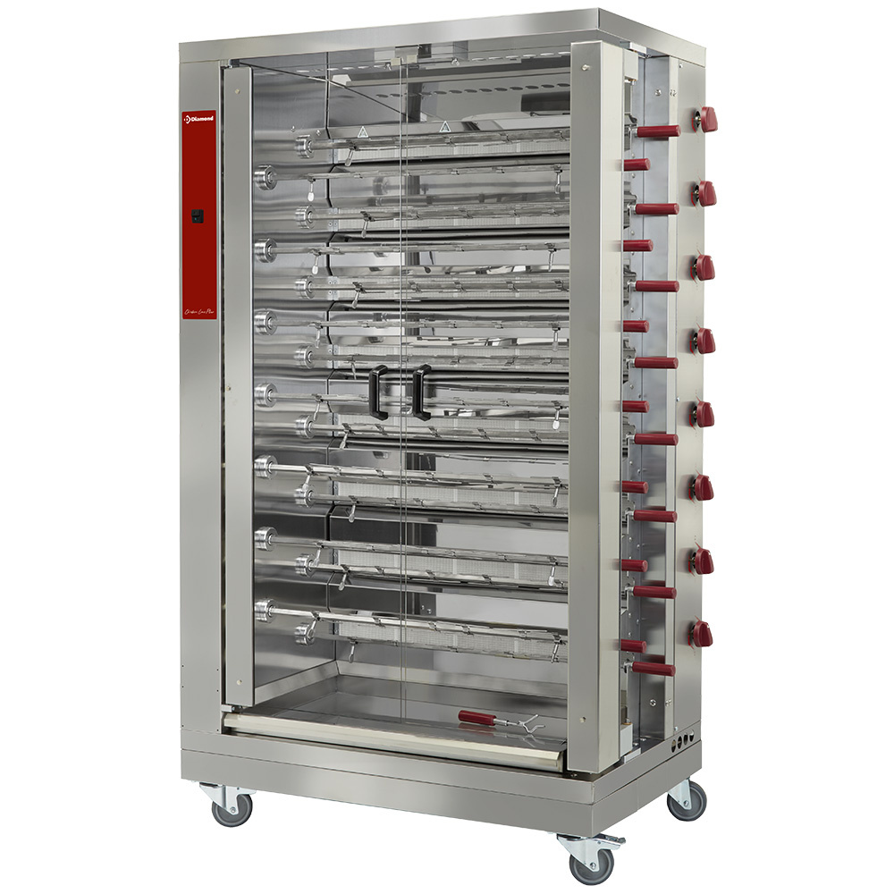 Diamond Hähnchengrill Hähnchengrill Gas, 15 Spieße, 2 Reihen auf Rädern (90 Hähnchen)