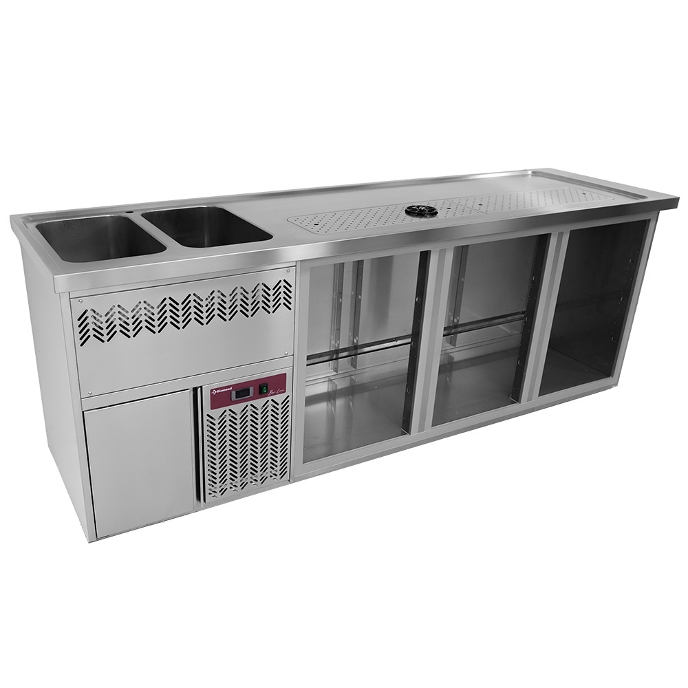 Diamond Flaschenkuehlschranke Theke mit 3 Fächern, Abtropfbrett + Gitter, 2 Spülen links.