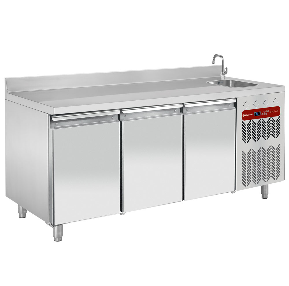 Diamond 700 MM / GN 1/1 + SINK Umluft Kühltisch (Wand), 3 Türen GN 1/1, mit Waschbecken