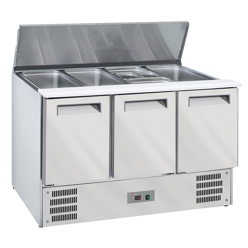 Diverso Khl- und Gefriertische Saladette mit Deckel, 4xGN1/1-150 mm + Reserve 3 Türen.GN 1/1
