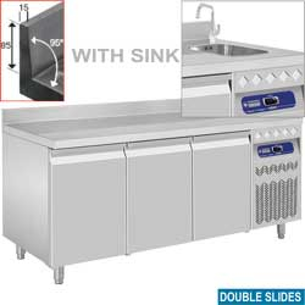Diamond 700 MM / GN 1/1 + SINK Umluft- Kühltisch "für die Wand", 3 Türen GN 1/1, mit Waschbecken
