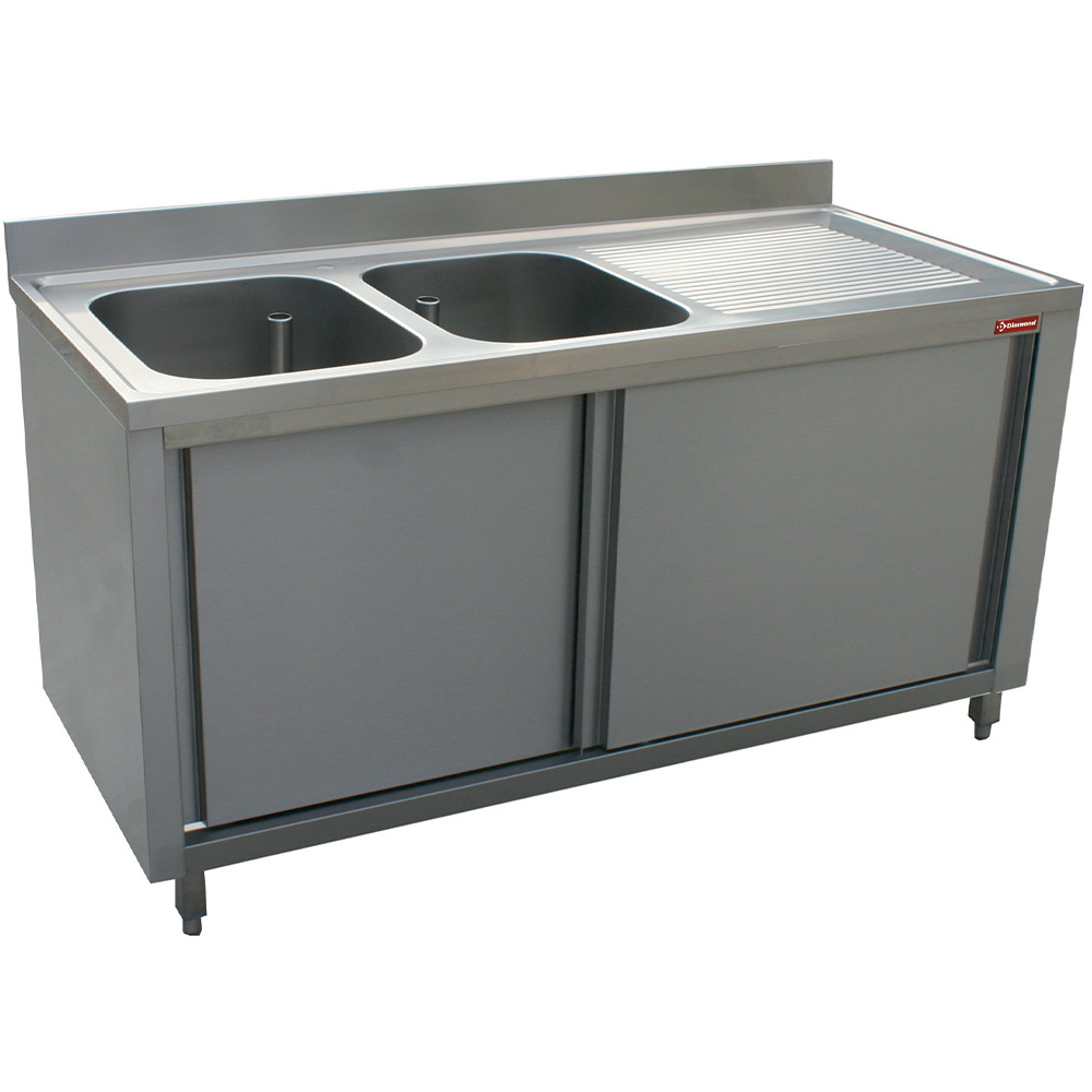 Diamond Waschbecken geschlossen Spültisch 2 Becken 400x500x275, Ablauffläche rechts, auf Schrank mit 2 Schiebetüren