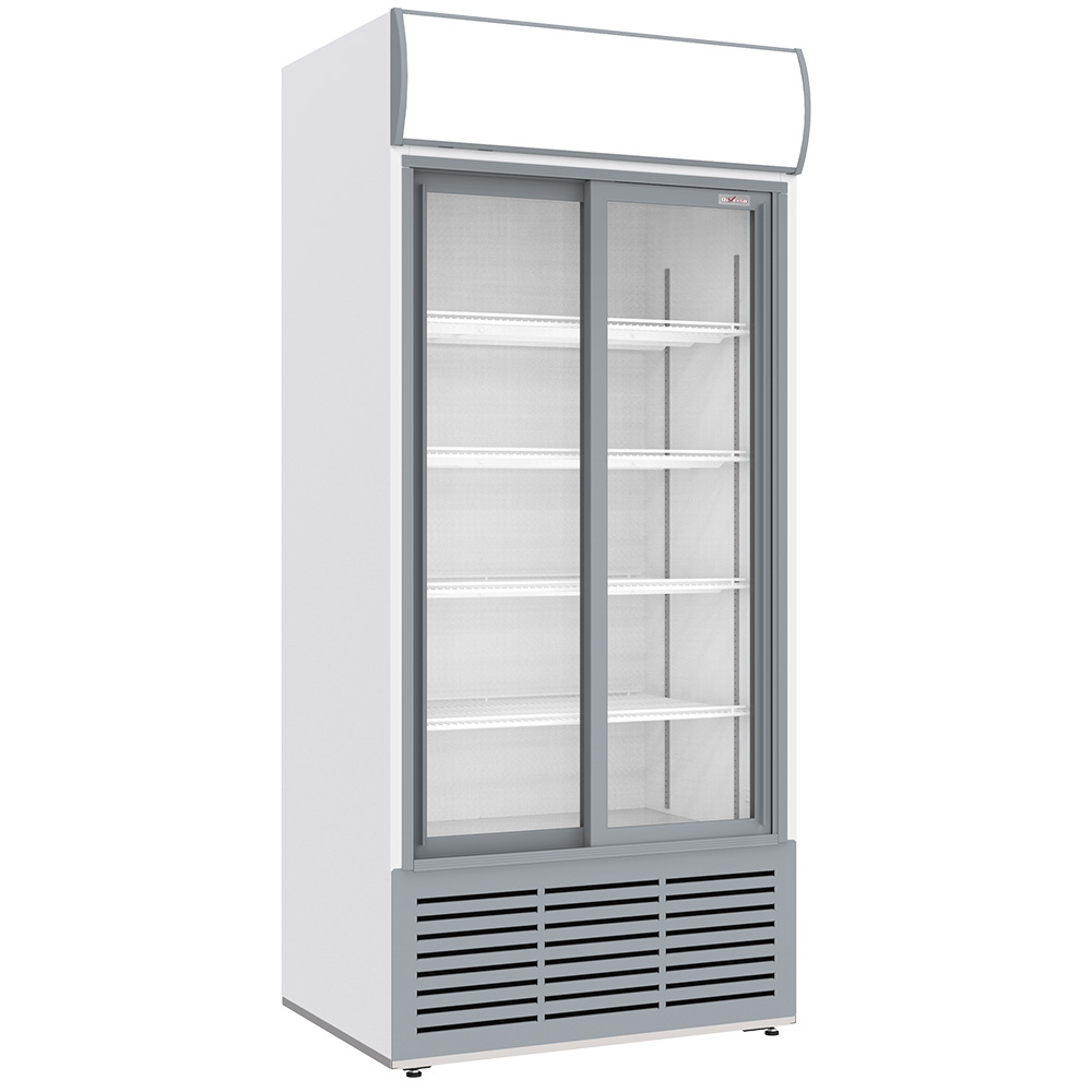 Diverso Vitrines T° positive & negative Getränkevitrine positiv, belüftet, 783 Liter, 2 Schiebetüren, mit beleuchtetem Gestell, WEISS