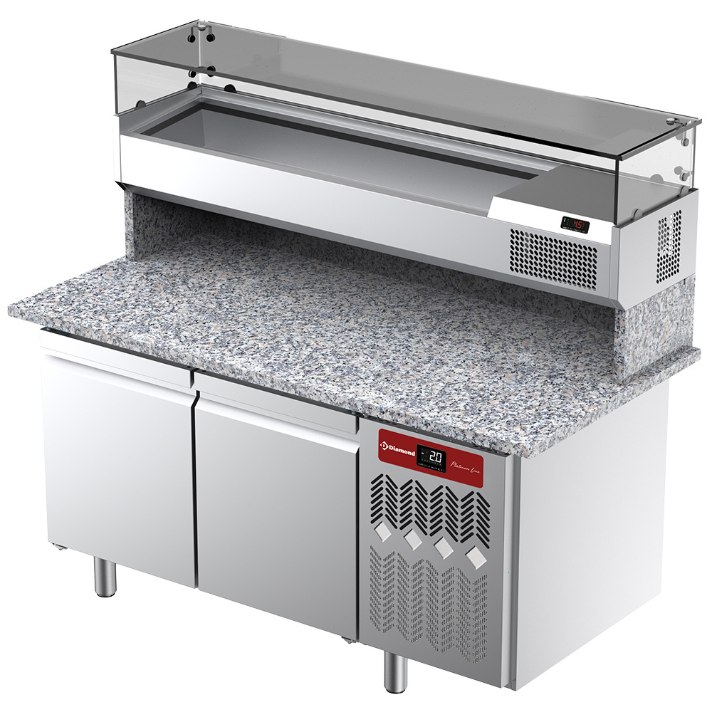 Diamond 800 MM / EN 600X400 Belüfteter Kühltisch für Pizza mit 2 Türen und Kühlvitrine 1600x380x410 und Arbeitsplatte aus Granit.
