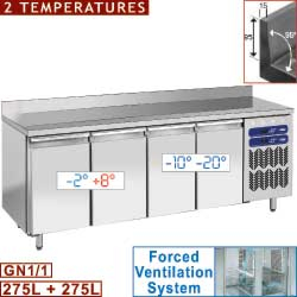 Diamond 2 T° / 700 MM / GN 1/1 Umluft Tiefkühltisch, 2 Temperaturen, 4 Türen GN 1/1, 550 Lit. Mit Aufkantung