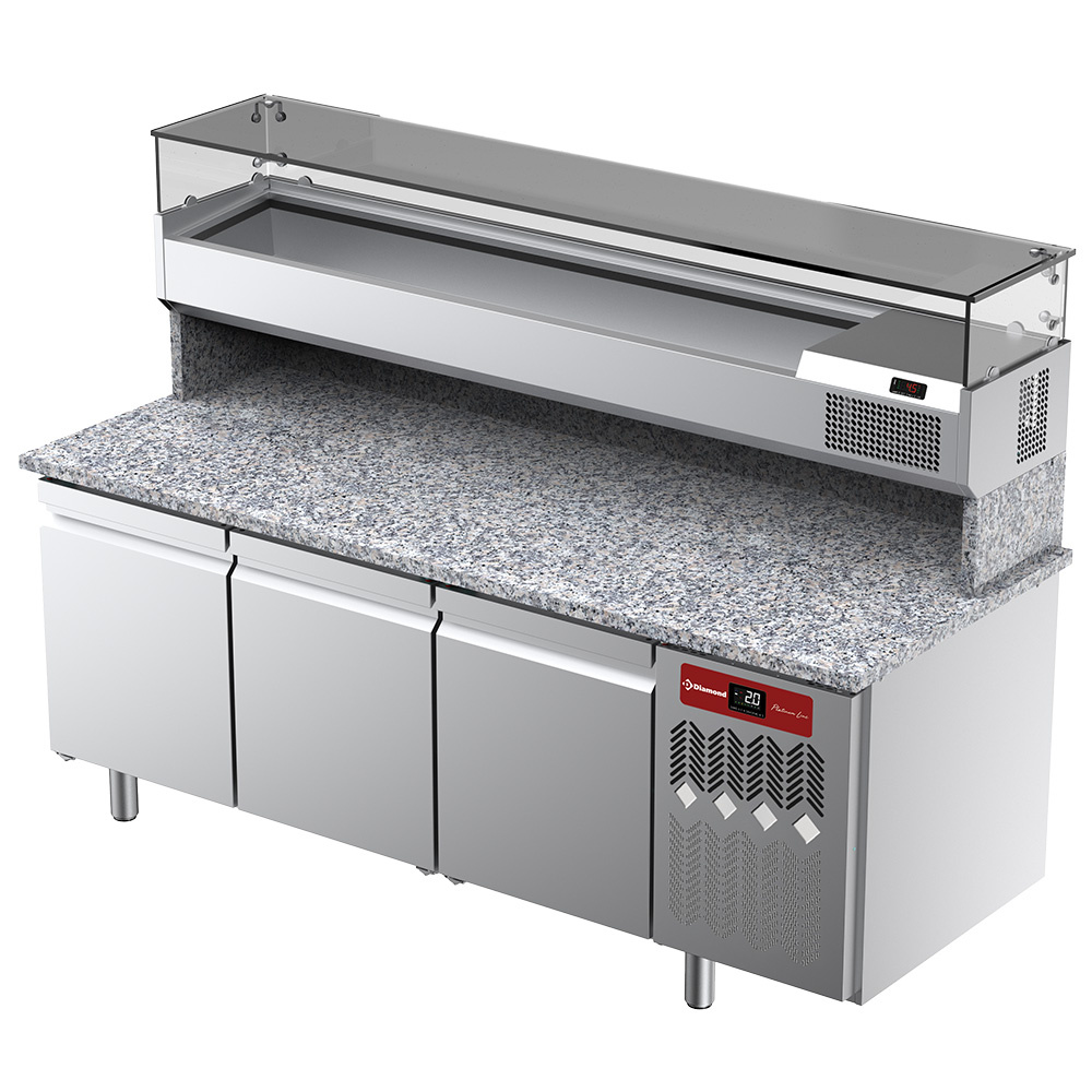 Diamond 800 MM / EN 600X400 Belüfteter Kühltisch für Pizza mit 3 Türen und Kühlvitrine 2000x380x410 und Arbeitsplatte aus Granit.