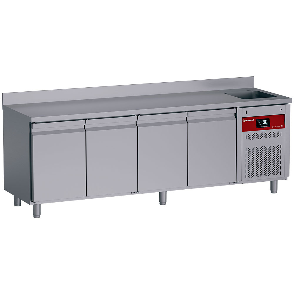 Diamond 700 MM / GN 1/1 + SINK Umluft- Kühltisch "für die Wand", 4 Türen GN 1/1,  550 Lit. mit Spüle