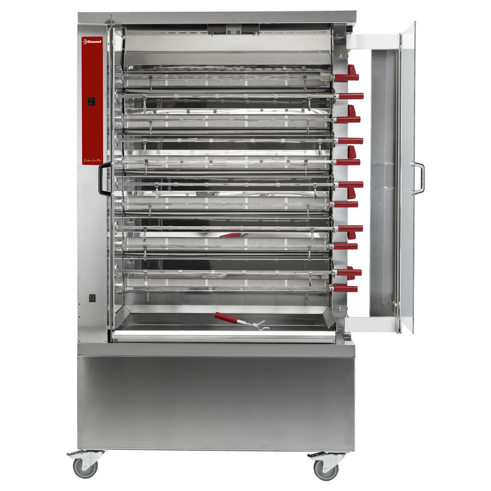 Diamond GAS Hähnchengrill Gas, 11 Spieße, 2 Reihen auf Rädern (66 Hähnchen)