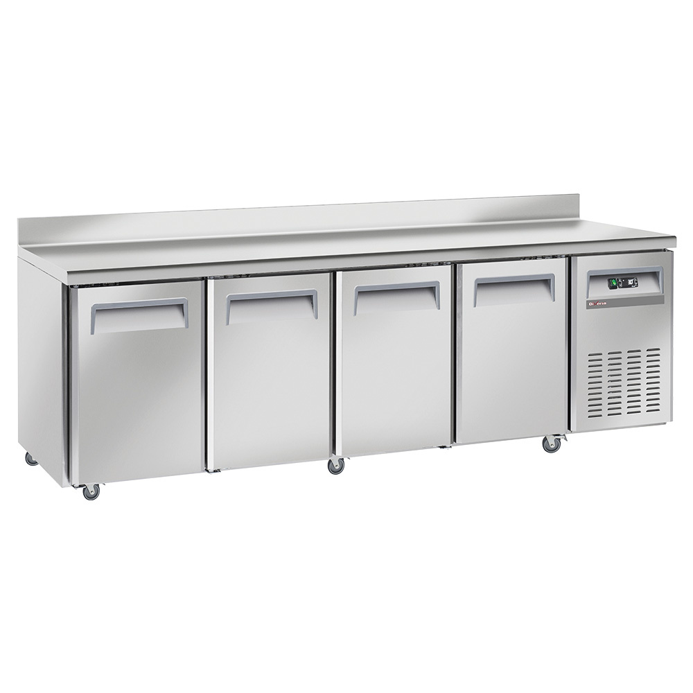 Diverso Khl- und Gefriertische Kühltisch, Umluft, 4 Türen GN 1/1, mit Rückwand, auf Rädern, 2 mit Bremsen