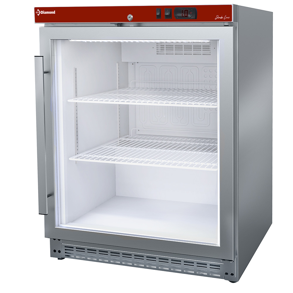 Diamond 200 Lt. Kühlschrank, Glastür, belüftet, 150 Liter. aus Edelstahl