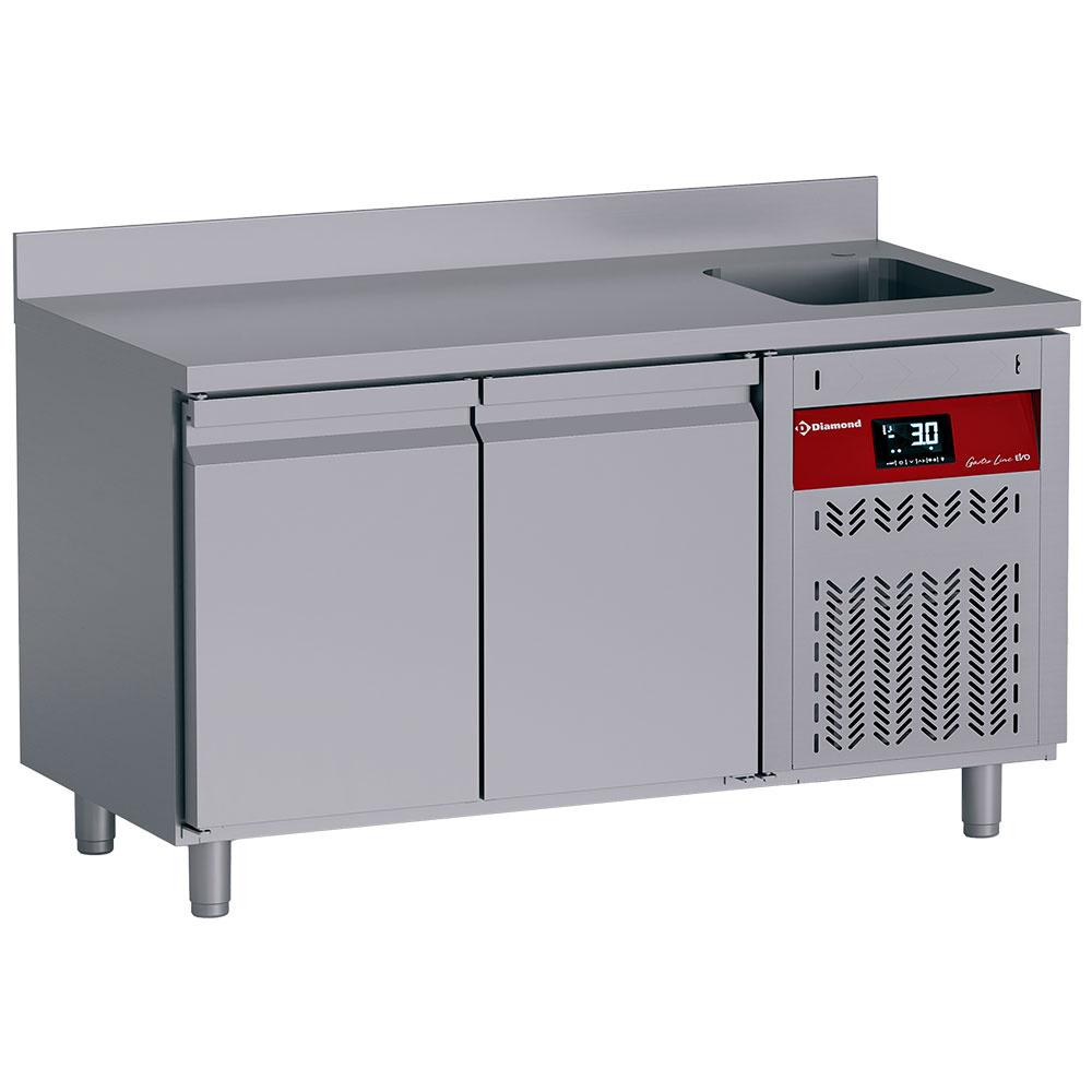 Diamond 700 MM / GN 1/1 + SINK Umluft- Kühltisch "für die Wand", 2 Türen GN 1/1, 260 Lit. mit Spülbecken