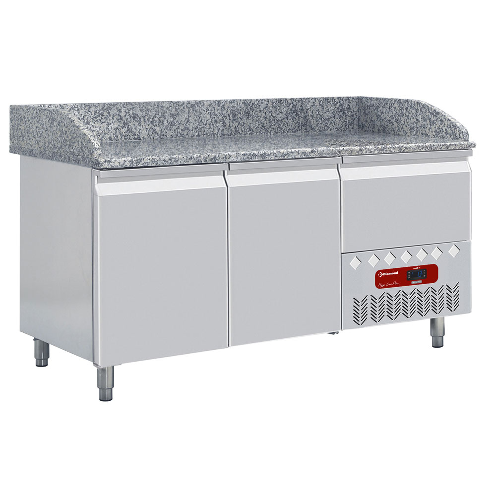 Diamond Khl- und Gefriertische Kühltisch 2 Türen 600x400, 1 neutrale Schubladen (4x Behälter  600x400)+Set 6 Edelstahlräder, schwenkend, 2x Bremsen
