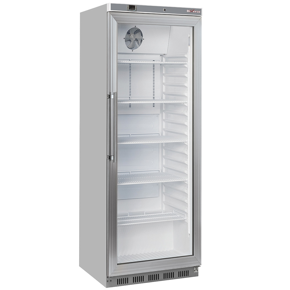 Diverso Kuehl/Gefrieschraenke Kühlschrank, Glastür, belüftet, 400 Liter. aus Edelstahl