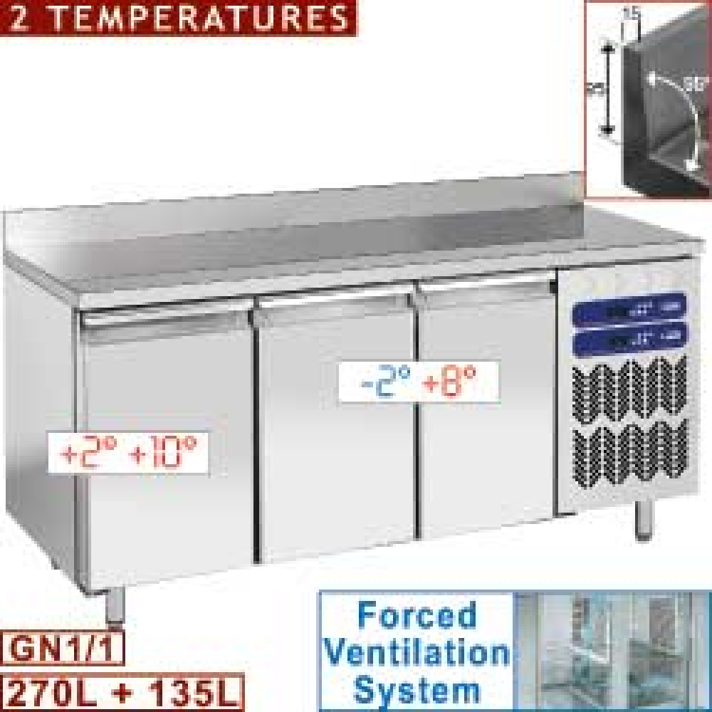 Diamond 2 T° / 700 MM / GN 1/1 Umluft Tiefkühltisch 3 Türen GN1/1, mit Aufkantung, 405 Lit.
