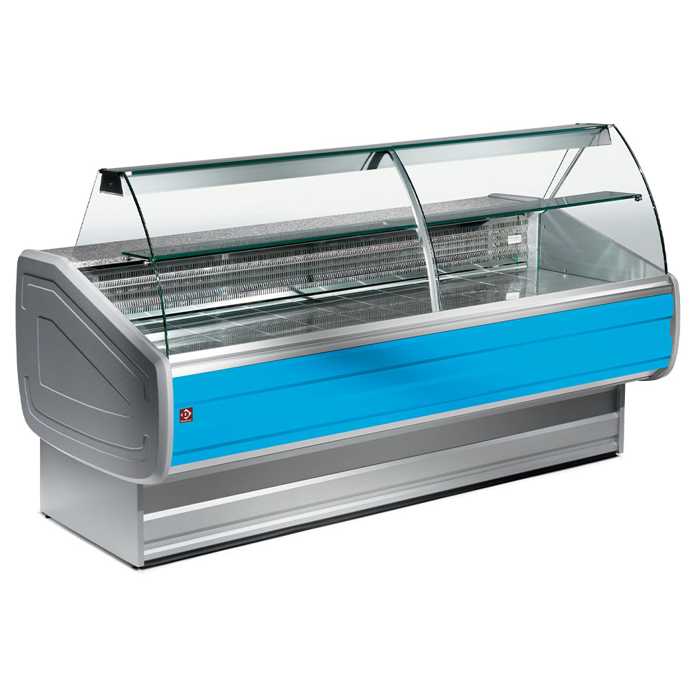 Diamond 1500 / VB / VENTILATED Gekühlte Verkaufstheke mit gebogener Frontscheibe, Umluft und Reservefach