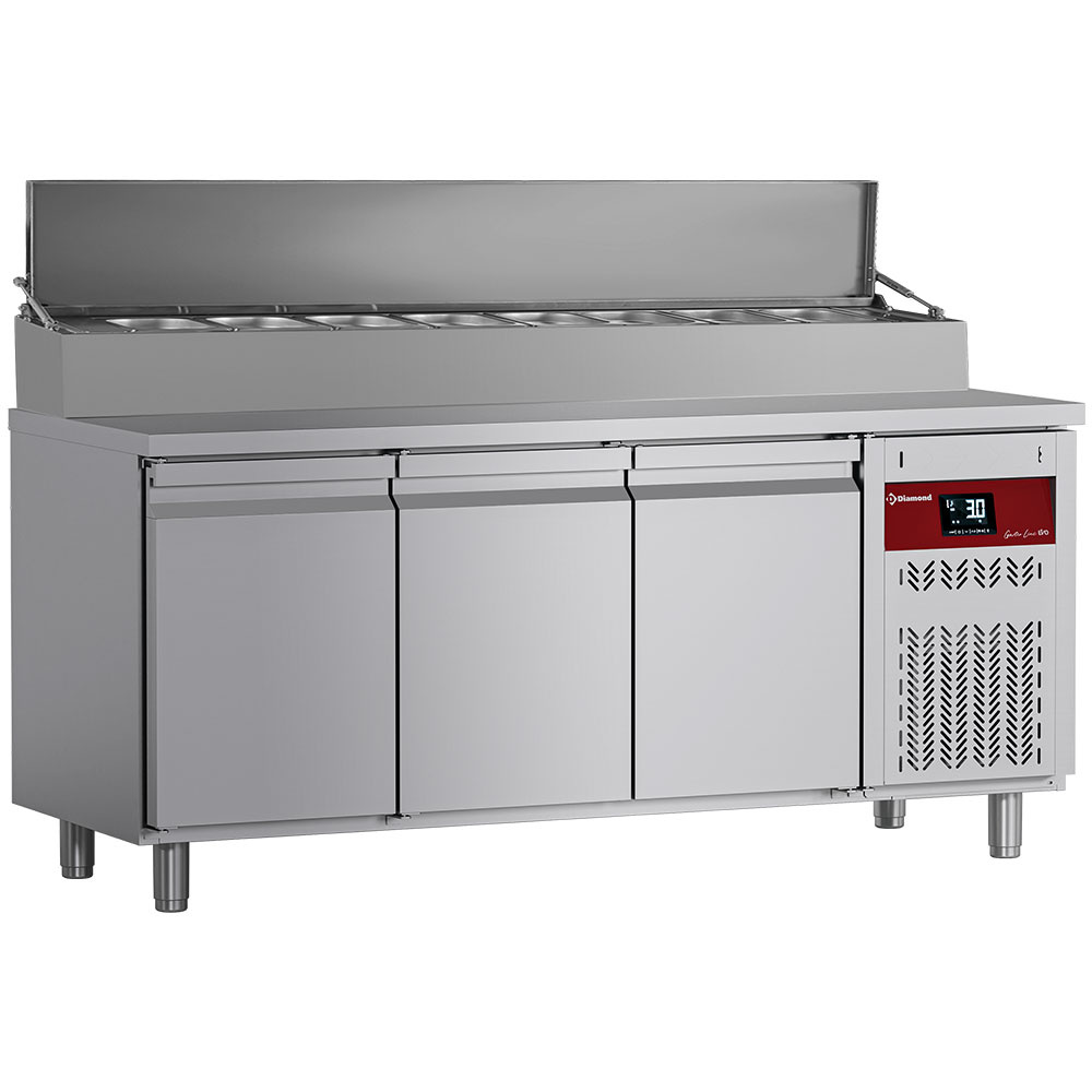 Diamond 700 MM / GN 1/1 Umluft -Kühltisch, 3 Türen GN 1/1, 405 Lit.& Kühleinheit 10x GN1/4