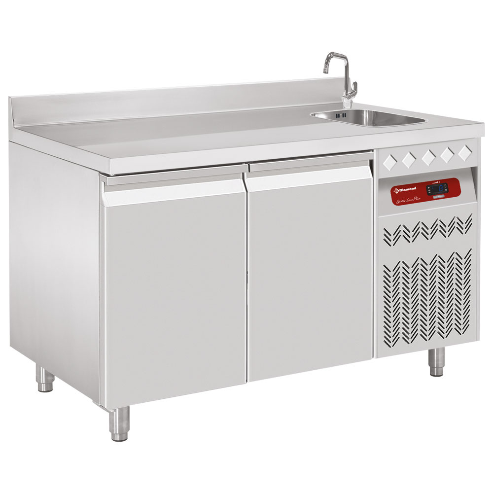 Diamond 700 MM / GN 1/1 + SINK Umluft- Kühltisch "für die Wand", 2 Türen GN 1/1, 260 Lit. mit Spülbecken