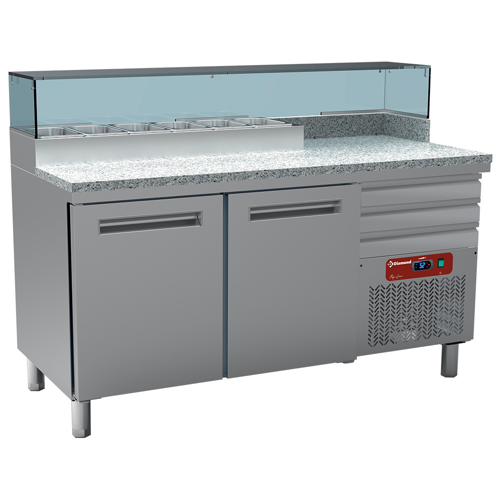 Diamond 700 MM / EN 600X400 Gekühlter Pizzatisch, 2 Türen 600x400, 3 neutrale Schubladen 600x400, Kühlaufsatz 6x GN ¼
