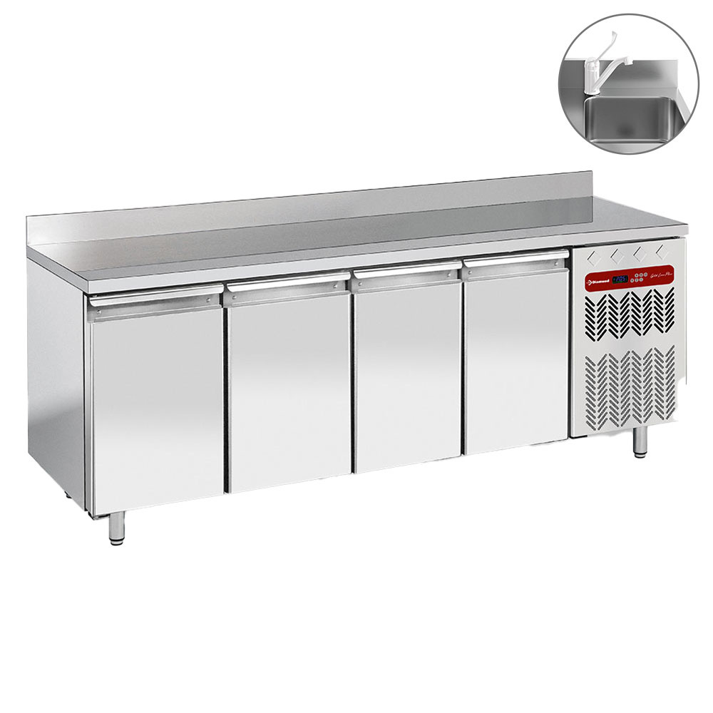 Diamond 700 MM / GN 1/1 + SINK Umluft Kühltisch (Wand), 4 Türen GN 1/1 mit Waschbecken
