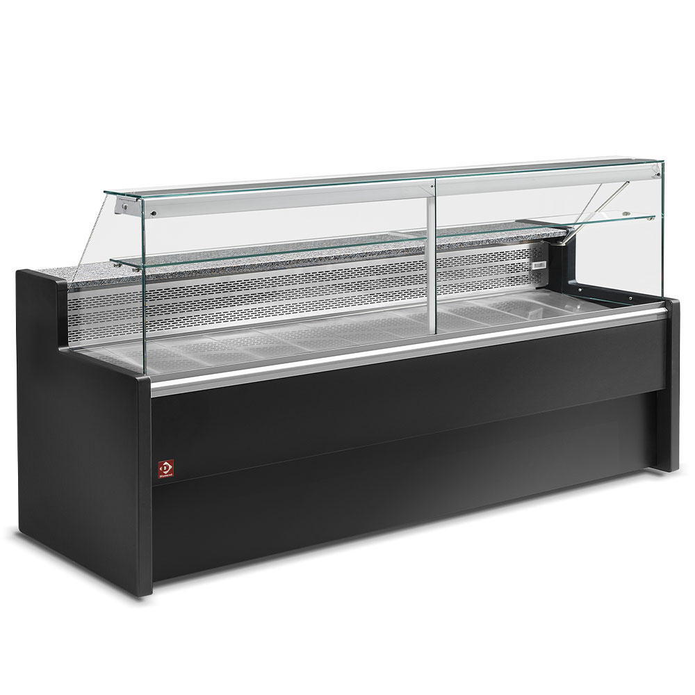 Diamond 2500 / VD / STATIC Gekühlte Verkaufstheke mit gerader Scheibe 90°, inkl. Reservefach - SCHWARZ+Kit Plexiglas Schiebetüren RO25/... bestehend aus: