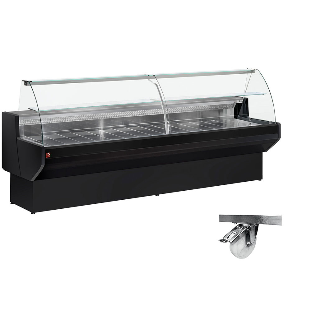 Refrigerated display counter, curved glass with storage space - BLACK + Option: Frame on 4 wheels, 2 with brakes