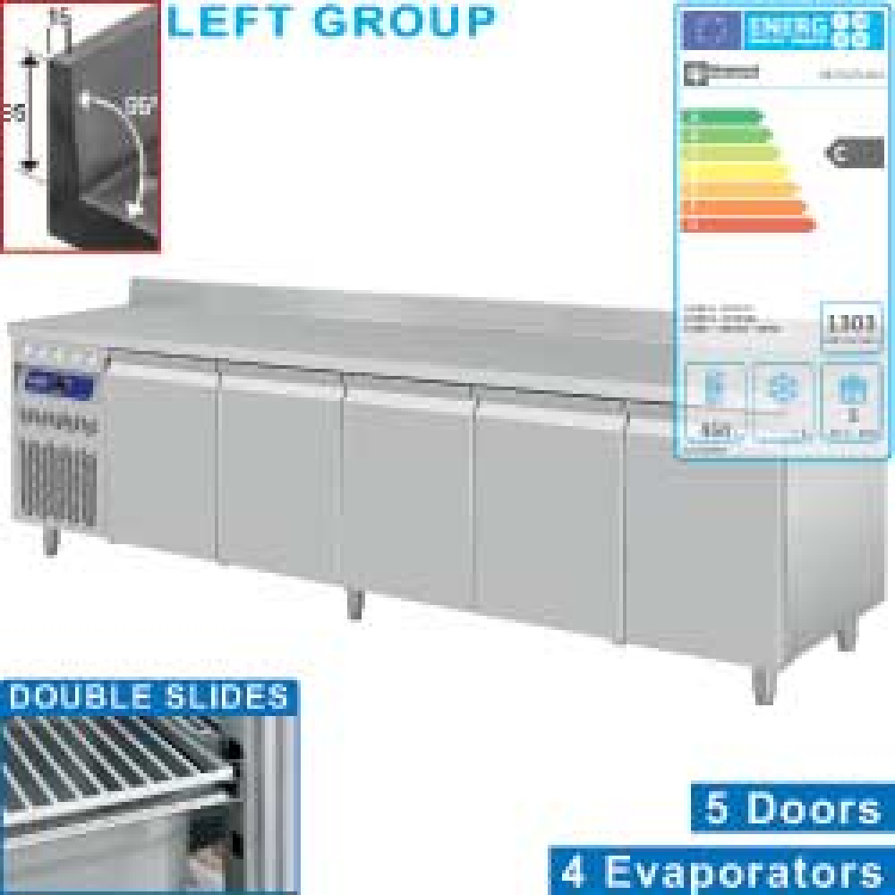 Diamond 700 MM / GN 1/1 Umluft- Kühltisch "für die Wand", 5 Türen GN 1/1, 700 Liter, Gruppe links