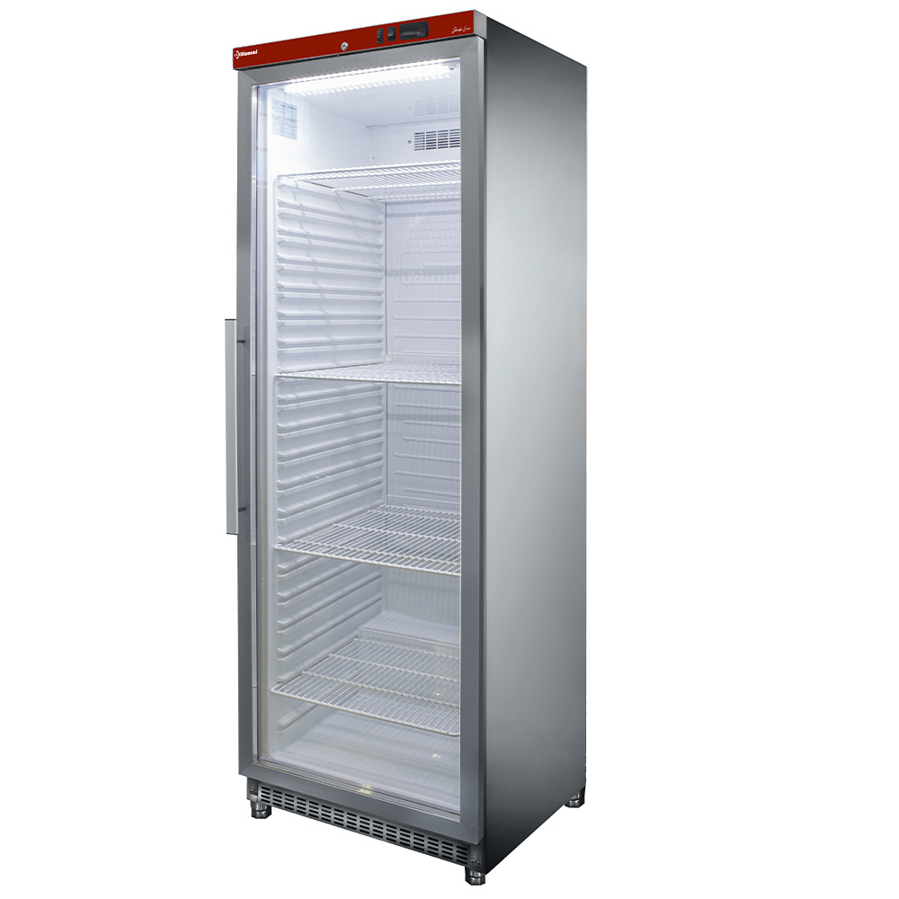 Diamond 400 Lt. Kühlschrank, Glastür, belüftet, 400 Liter. aus Edelstahl