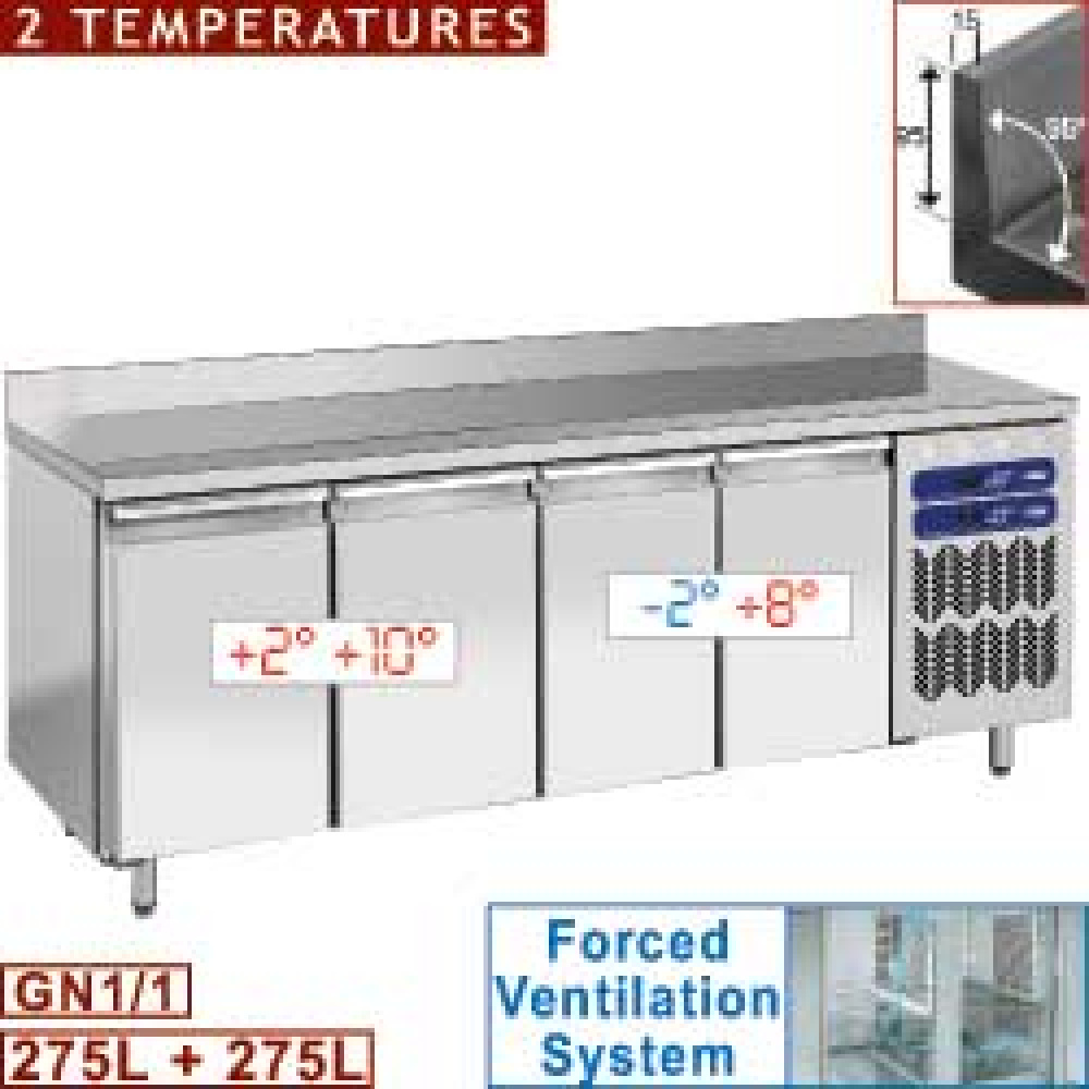 Diamond 2 T° / 700 MM / GN 1/1 Umluft Tiefkühltisch, 2 Temperaturen, 4 Türen GN 1/1 mit Aufkantung, 550 Lit.