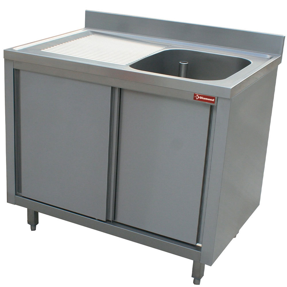 Diamond Waschbecken geschlossen Spültisch 1 Becken 600x500x275, Ablauffläche links, auf Unterschrank mit 2 Schiebetüren.