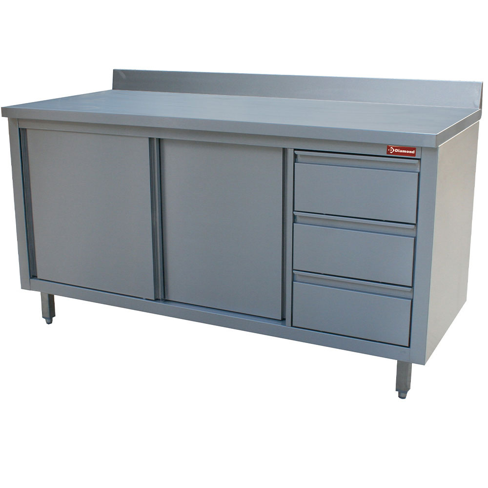 Diamond 700 mm Arbeitschrank mit 2 Schiebetüren und 3 Schubladen, Wandmodel mit Aufkantung