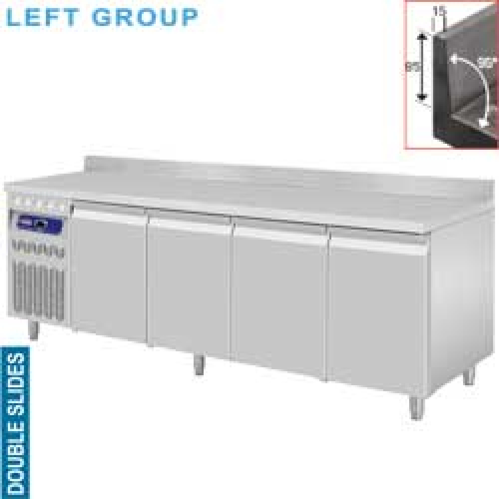 Diamond 700 MM / GN 1/1 Umluft- Kühltisch "für die Wand", 4 Türen GN 1/1, 550 Liter, Gruppe links