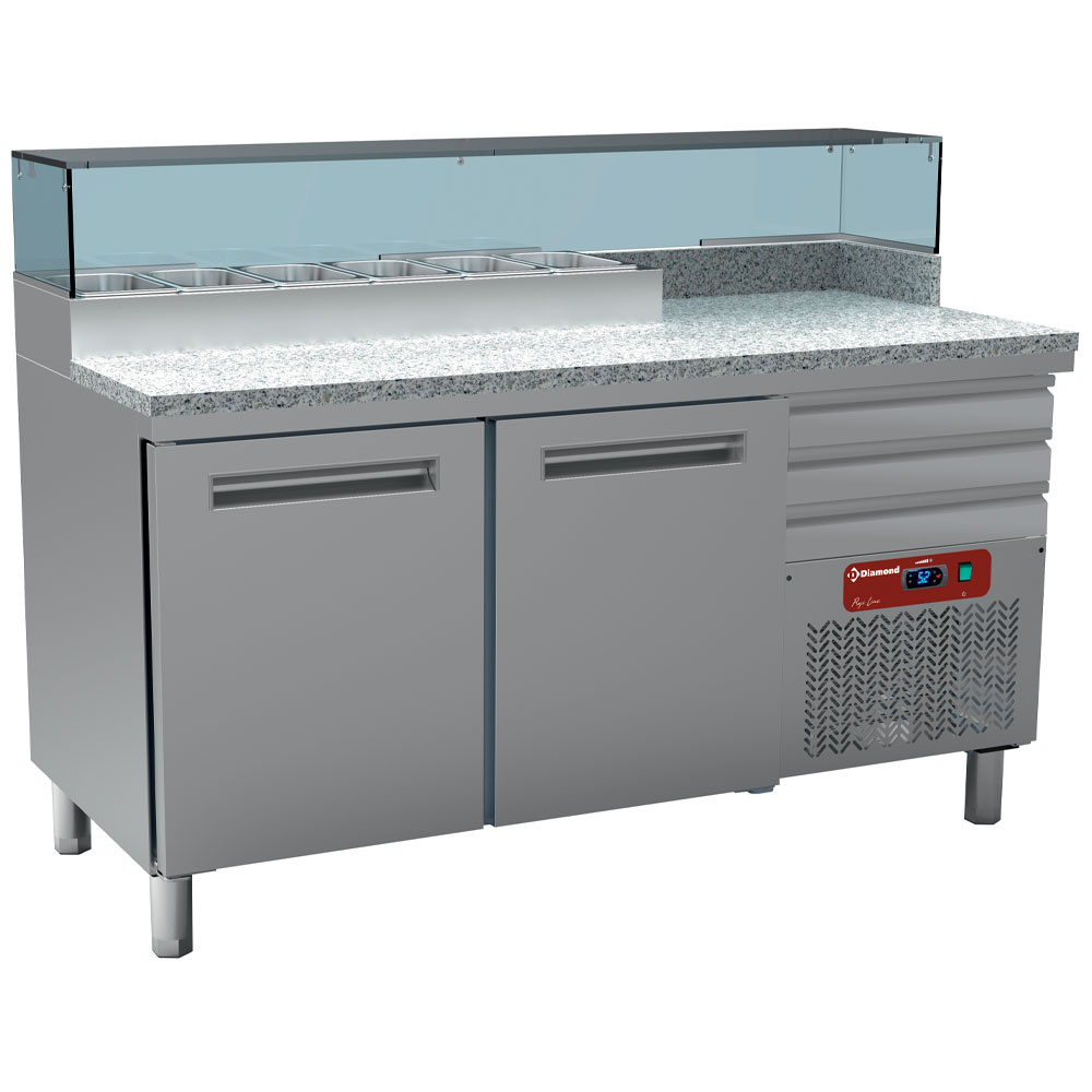 Diamond Khl- und Gefriertische Gekühlter Pizzatisch, 2 Türen 600x400, 3 neutrale Schubladen 600x400, Kühlaufsatz 6x GN ¼