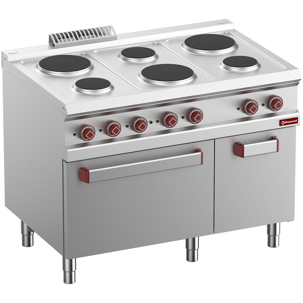 Diamond Kochserie OPTIMA 700 Elektro Plattenherd mit 6 runde Platten mit Elektrobackofen GN 2/1 und Elektrogrill, neutral Unterbau GN 1/1
