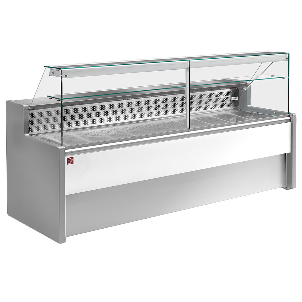 Diamond 2500 / VD / STATIC Gekühlte Verkaufstheke mit gerader Scheibe 90°, inkl. Reservefach - GRAU/WEISS