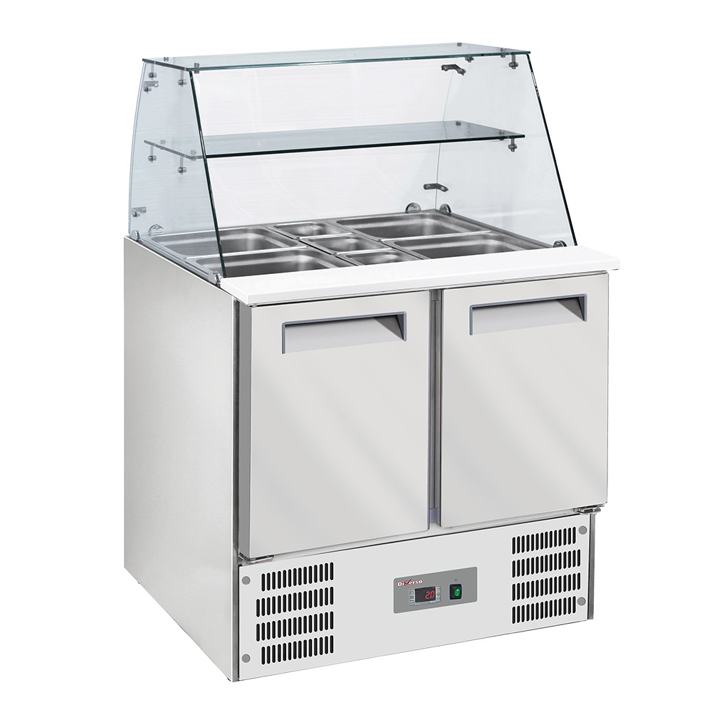 Diverso Khl- und Gefriertische Saladette mit gewölbter Glasscheibe, 2x GN1/1+3x GN 1/6-150 mm + Reserve 2 Türen,GN 1/1