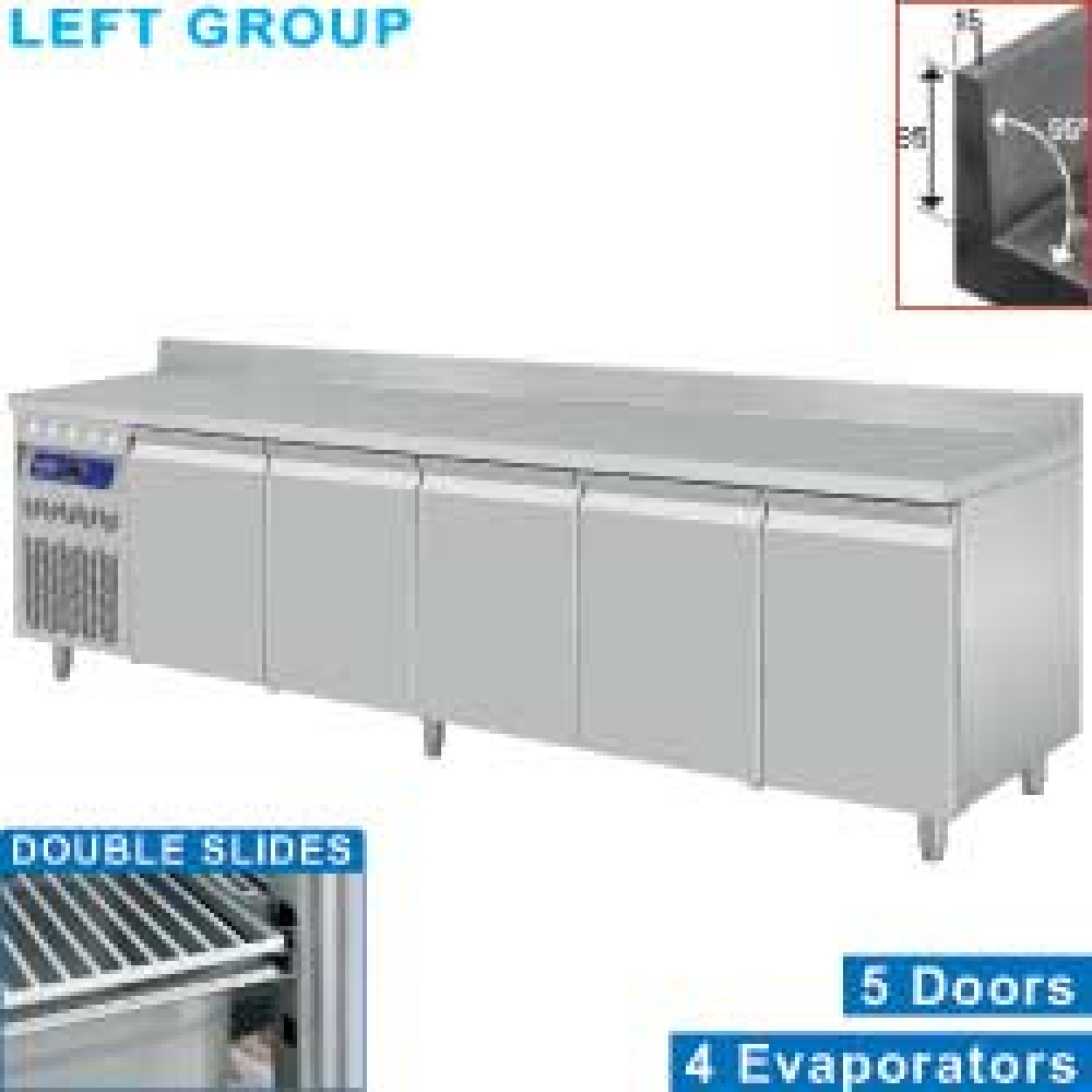 Diamond 700 MM / GN 1/1 Umluft- Kühltisch "für die Wand", 5 Türen GN 1/1, 700 Liter, Gruppe links