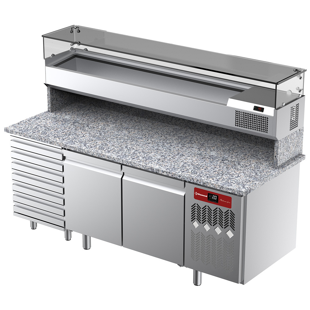 Diamond 800 MM / EN 600X400 Belüfteter Kühltisch für Pizza mit 2 Türen und 7 Schubladen und Kühlvitrine 2000x380x410 und Arbeitsplatte aus Granit.