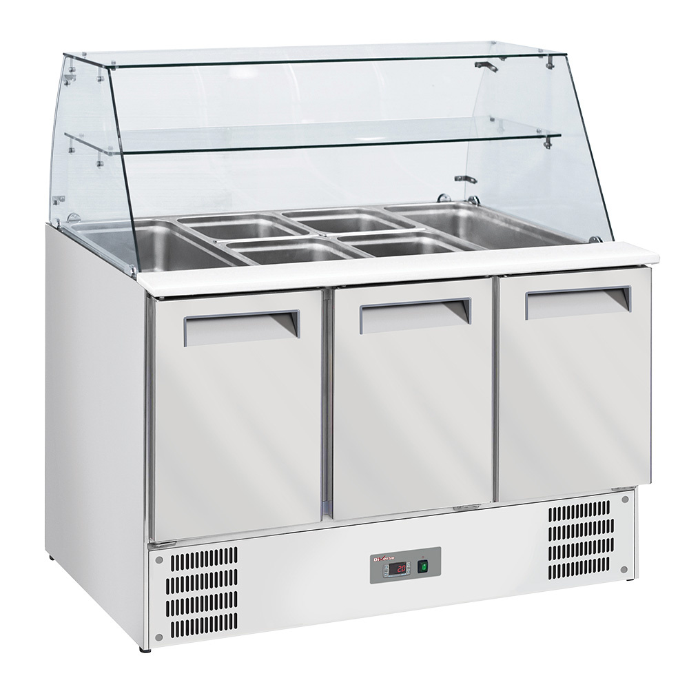 Diverso Khl- und Gefriertische Saladette mit gewölbter Glasscheibe, 4xGN1/1-150 mm + Reserve 3 Türen.GN 1/1