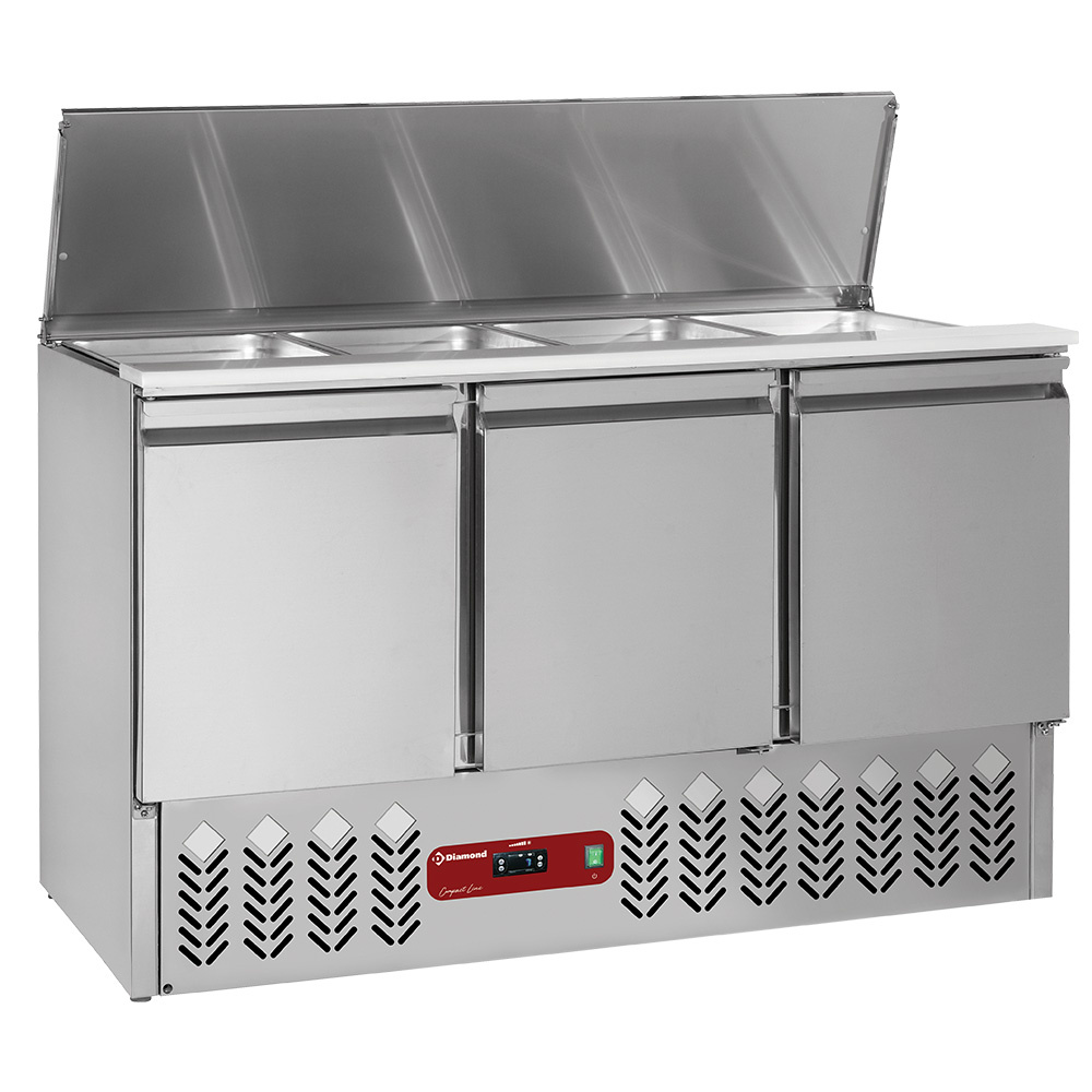 Diamond Khl- und Gefriertische Saladette mit Deckel, 4xGN1/1-150 mm + Reserve 3 Türen.GN 1/1, 380 Lit