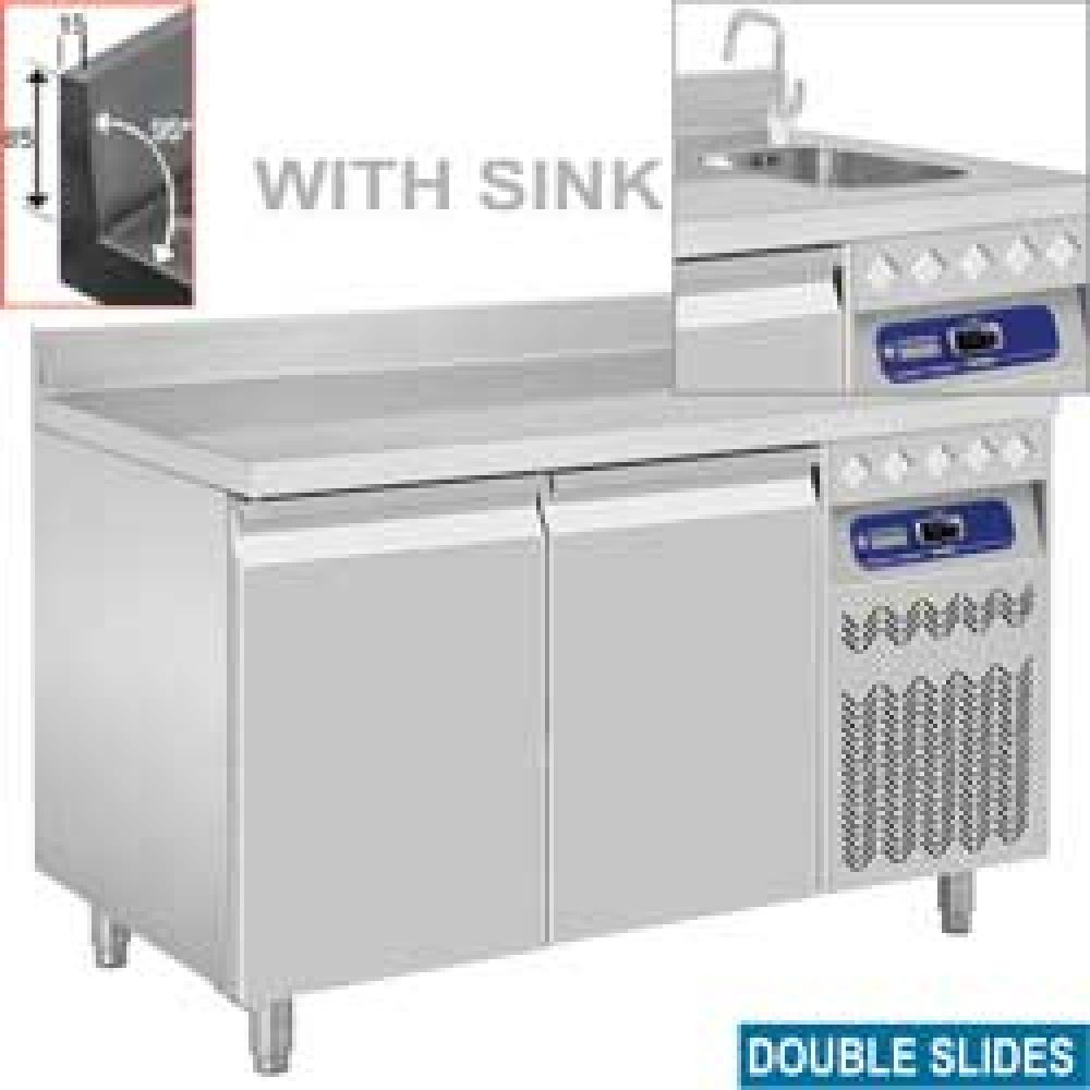 Diamond 700 MM / GN 1/1 + SINK Umluft- Kühltisch "für die Wand", 2 Türen GN 1/1, mit Spülbecken