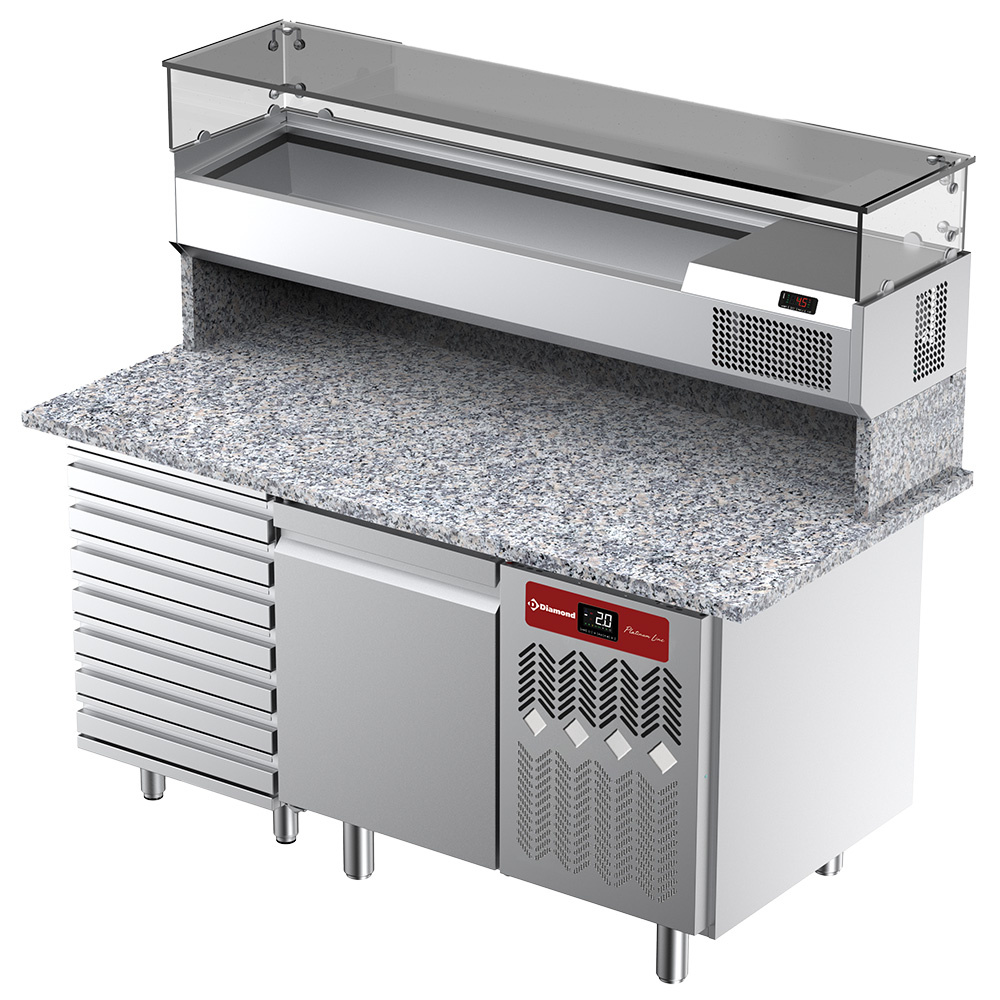 Diamond 800 MM / EN 600X400 Belüfteter Kühltisch für Pizza mit 1 Tür und 7 Schubladen und Kühlvitrine 1600x380x410 und Arbeitsplatte aus Granit.
