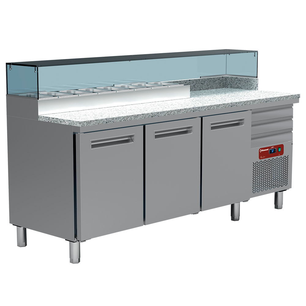 Diamond Khl- und Gefriertische Gekühlter Pizzatisch, 3 Türen 600x400, 3 neutrale Schubladen 600x400, Kühlaufsatz 8x GN 1/4