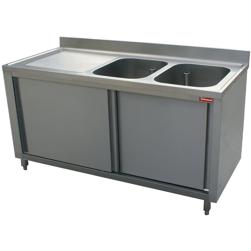 Diamond Waschbecken geschlossen Spültisch 2 Becken 400x500x275, Ablauffläche links, auf Unterschrank mit 2 Schiebetüren