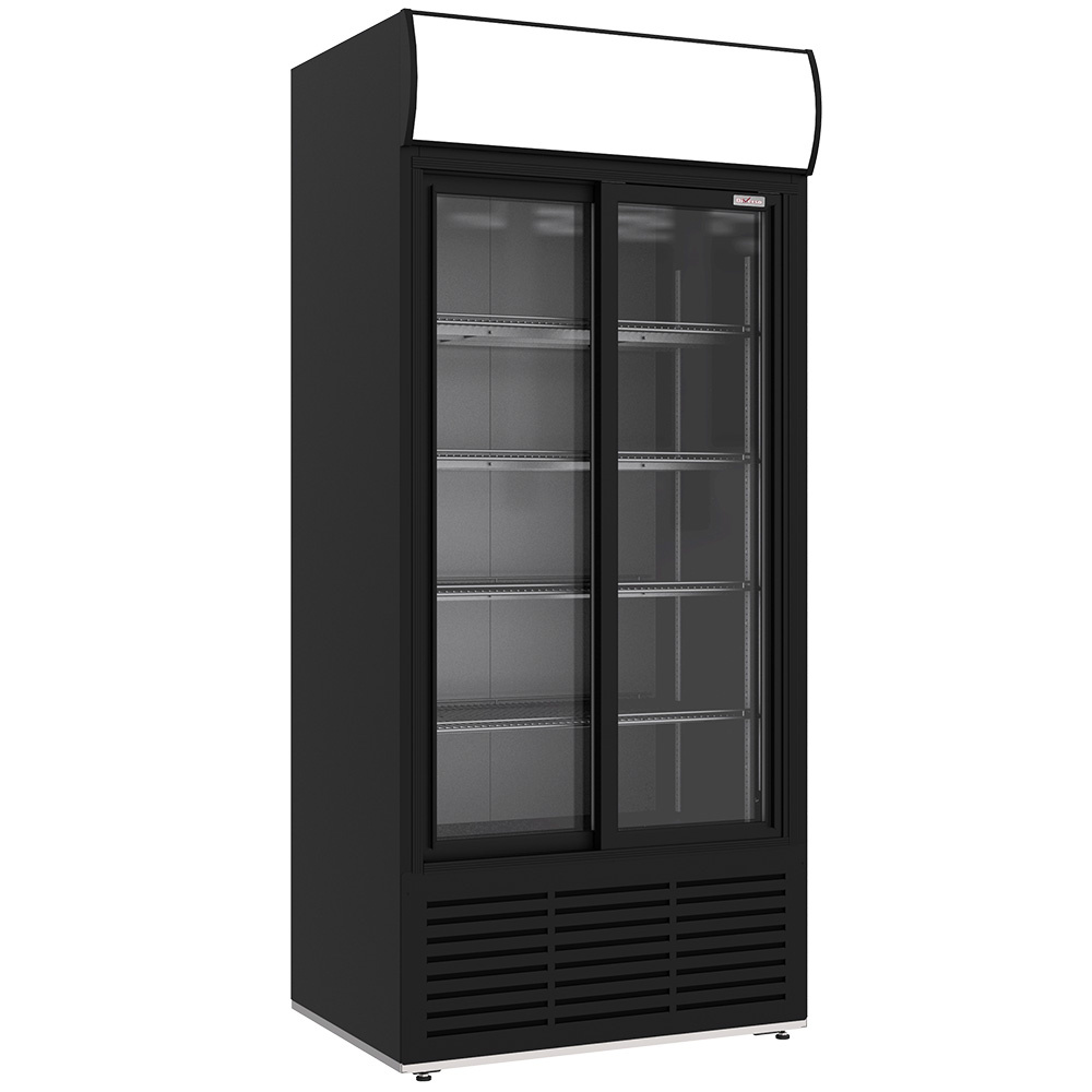 Diverso Vitrines T° positive & negative Getränkevitrine positiv, belüftet, 783 Liter, 2 Schiebetüren, mit beleuchtetem Gestell, SCHWARZ