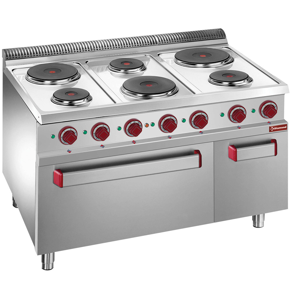 Diamond Kochserie OPTIMA 700 Elektro Plattenherd mit 6 runde Platten mit Elektrobackofen GN 2/1 und Elektrogrill, neutral Unterbau GN 1/1