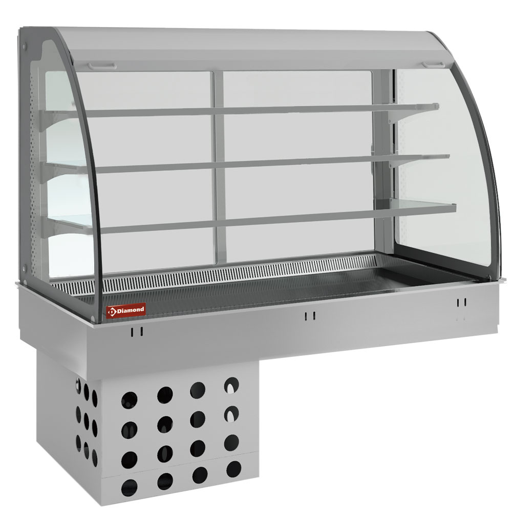 Diamond OPEN Wandaufstellung, Becken und Vitrine auf 3 Ebenen offen (mit Rollo), umluftgekühlt, 4x GN 1/1