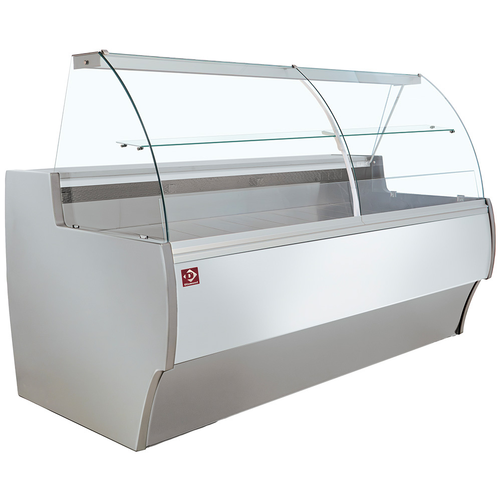 Diamond 2500 / VB / VENTILATED Gekühlte Verkaufstheke mit gebogener Frontscheibe, Umluft und Reservefach - GRAU/WEISS