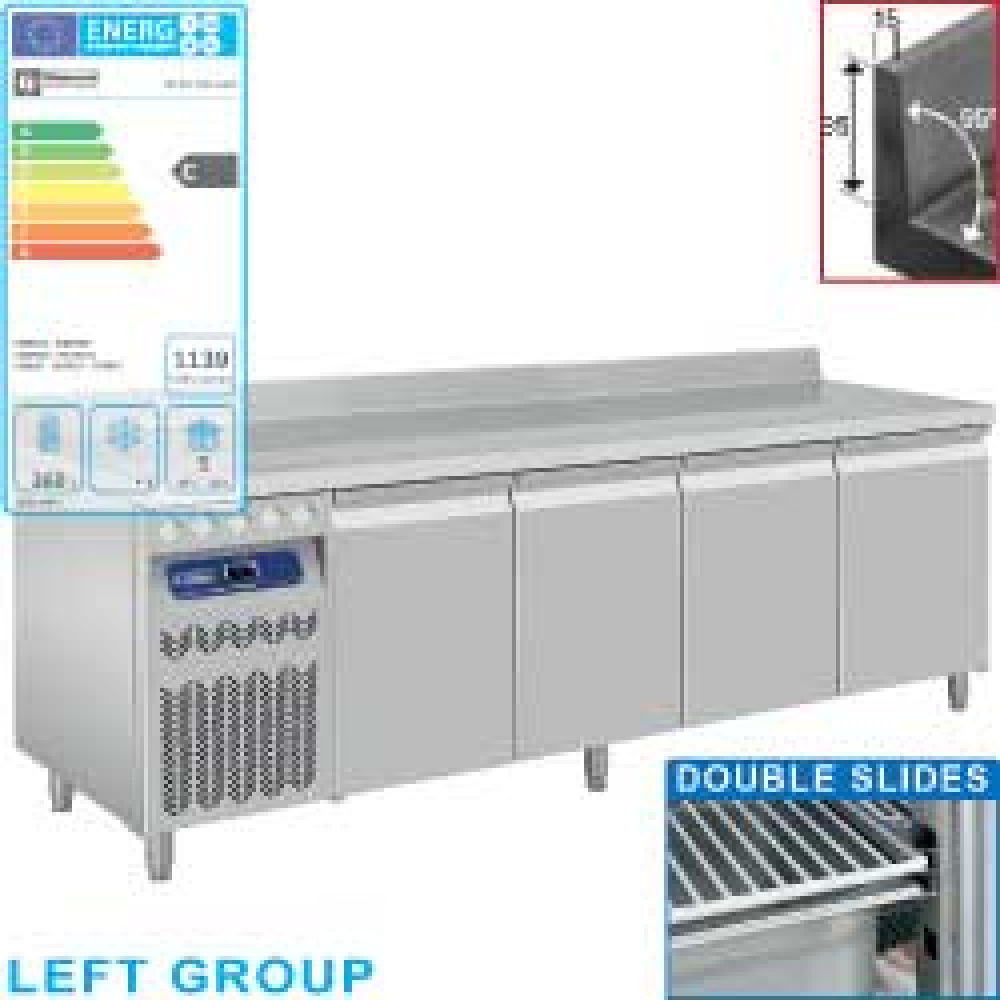 Diamond 700 MM / GN 1/1 Umluft- Kühltisch "für die Wand", 4 Türen GN 1/1, 550 Liter, Gruppe links