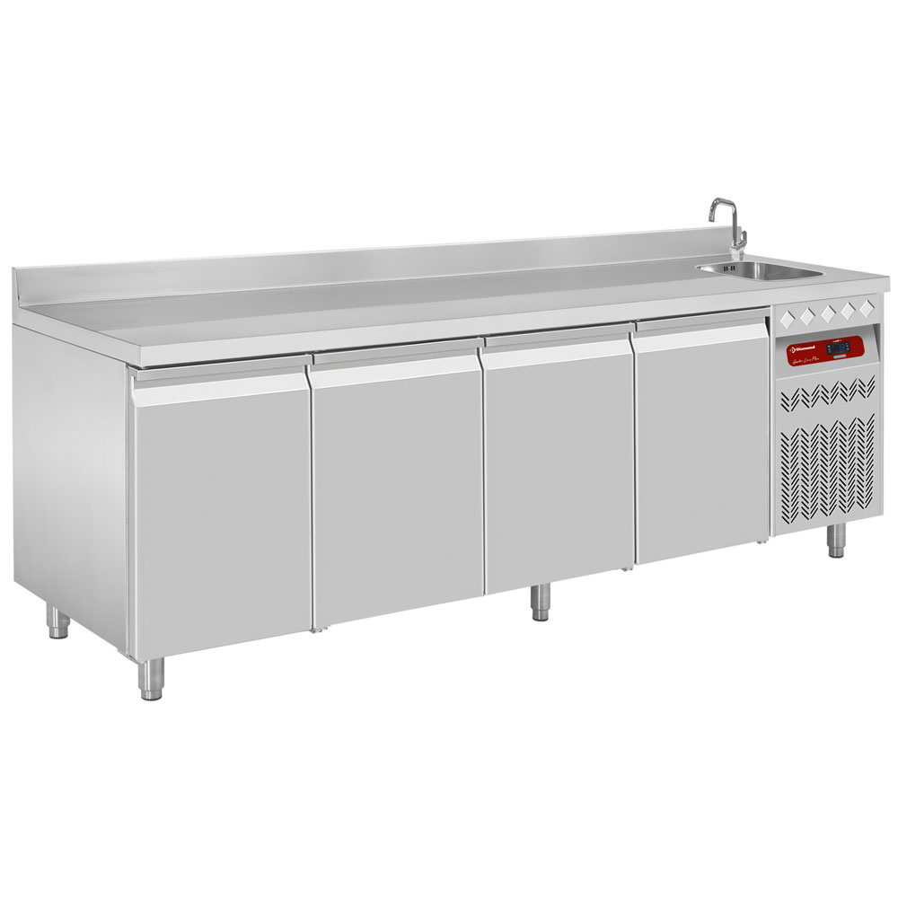 Diamond 700 MM / GN 1/1 + SINK Umluft- Kühltisch "für die Wand", 4 Türen GN 1/1,  550 Lit. mit Spüle