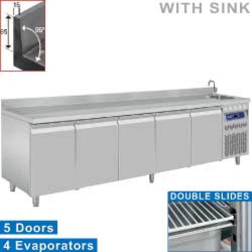 Diamond 700 MM / GN 1/1 + SINK Umluft- Kühltisch "für die Wand", 5 Türen GN 1/1, mit Spüle